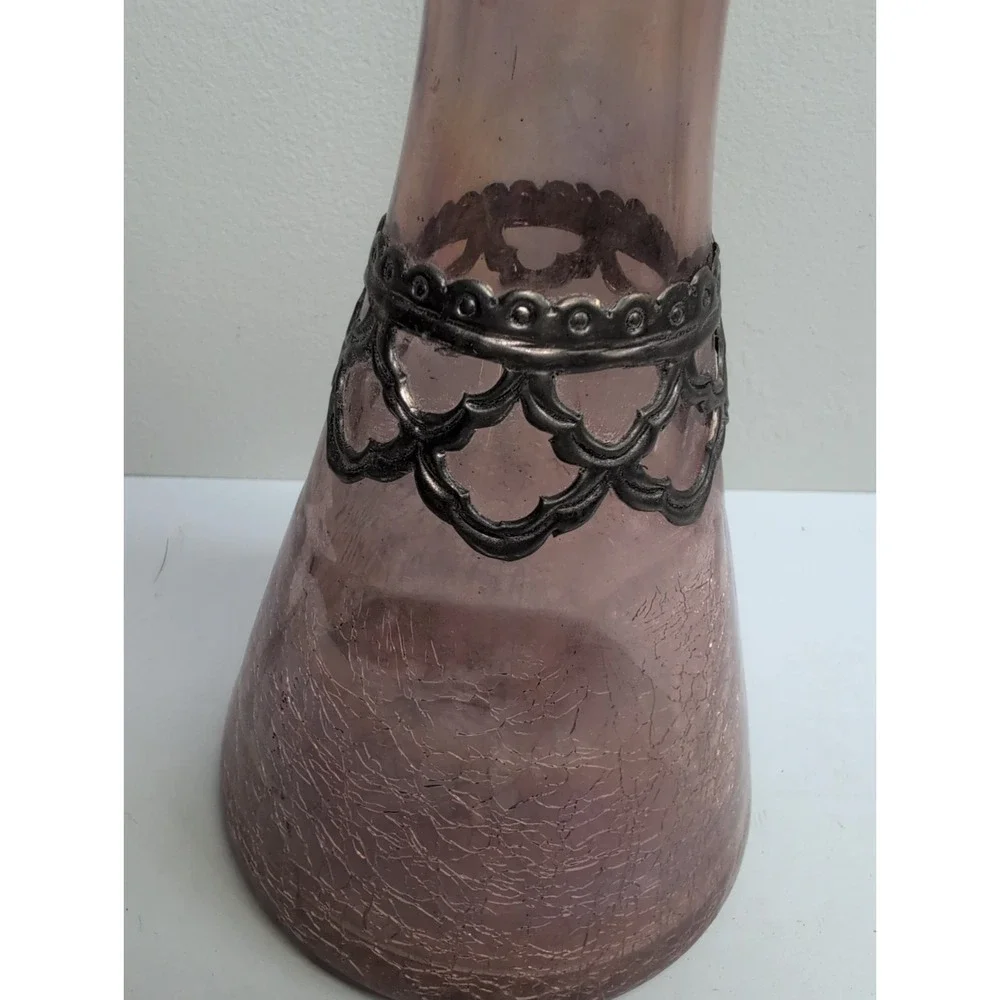 Vintage Decanter‎ Pink Crackle Glass w/ Detailed Silver Overlay  11 In
